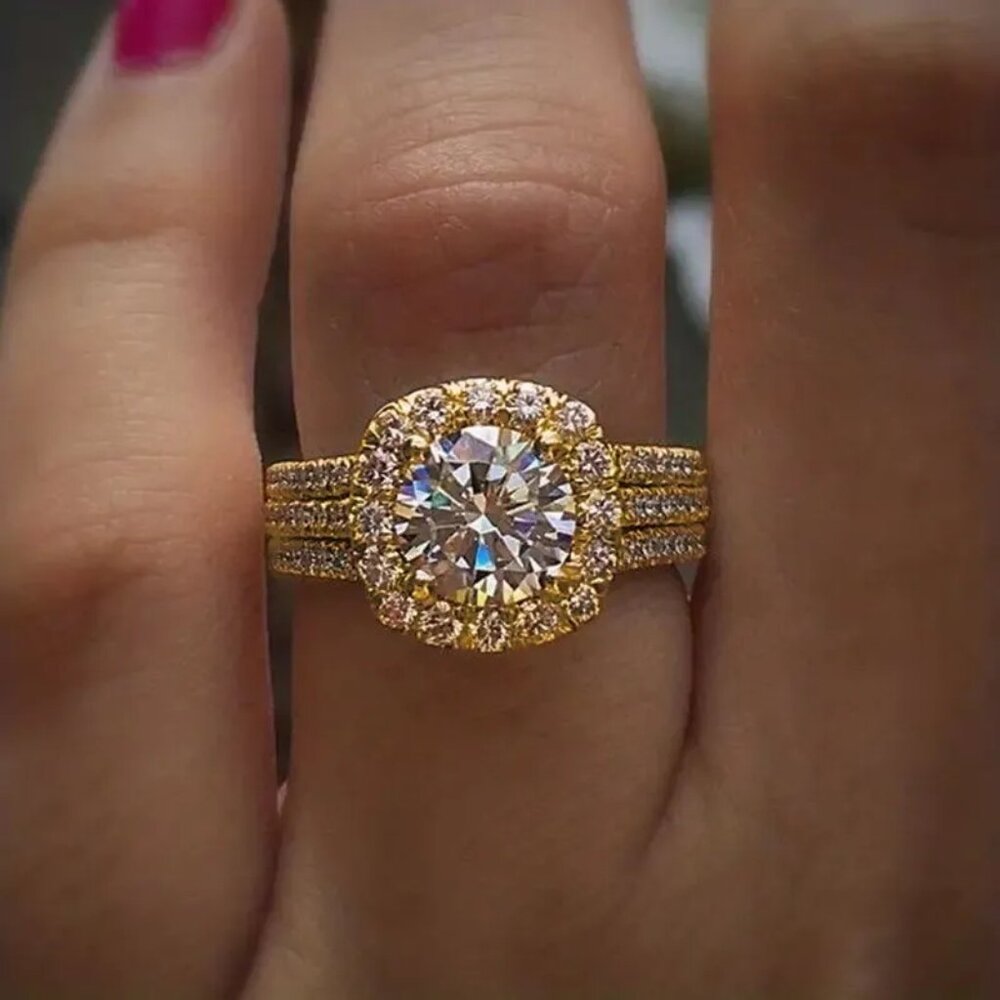 3/$35 Copper Band Ring Shiny Big Gold Tone Square Cubic Zirconia Diamond